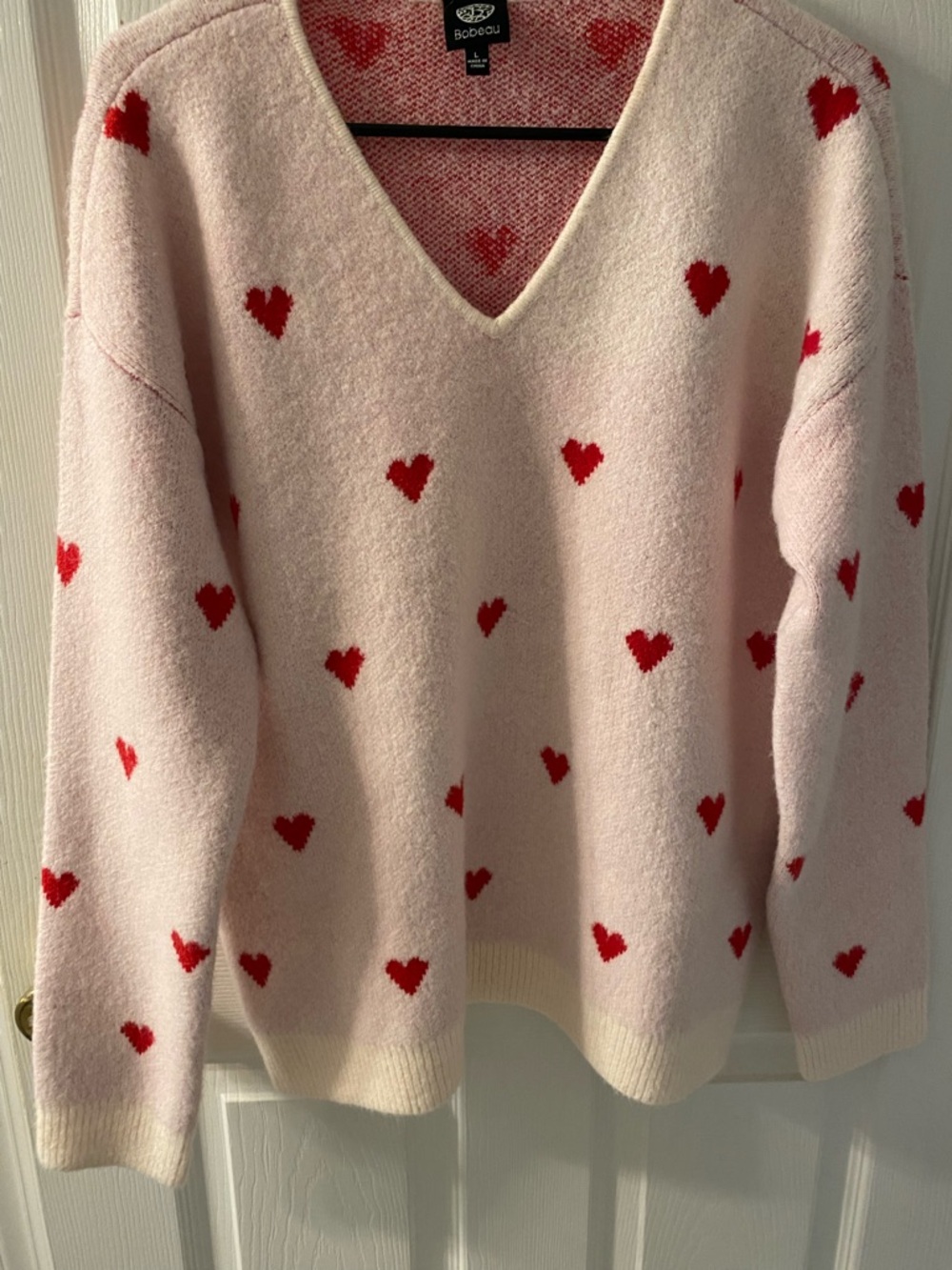 Pink V-Neck Sweater with Red Heart Pattern - Picture 2 of 5
